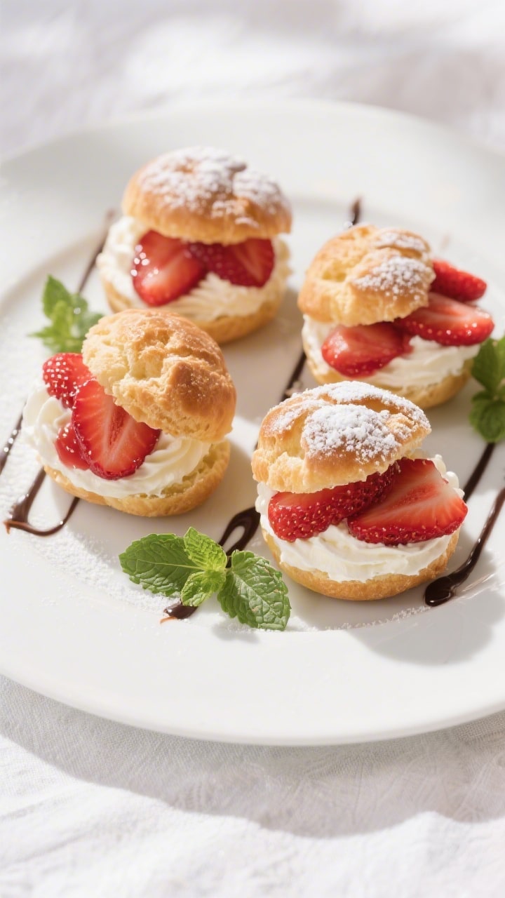 Final plated, overhead presentation: Overhead shot of assembled Strawberry Cream Puff Dessert on a m