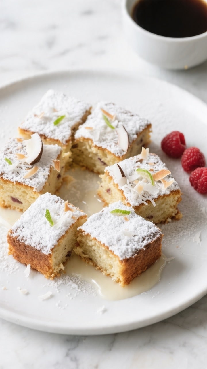 Final plated overhead: Tasty of sliced 5-ingredient coconut cake on a matte white round plate, snowy