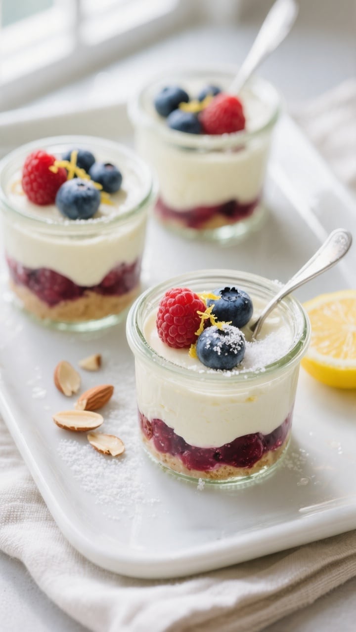 Final plated, tasty top view: Overhead shot of no-bake keto cream cheese and berries dessert layered
