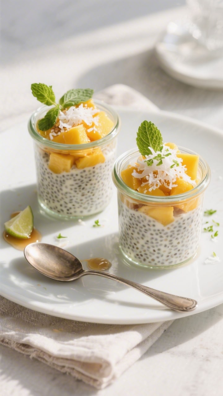 Final plated, tasty top view: Overhead shot of Tropical Mango & Coconut Chia Pudding layered in two 