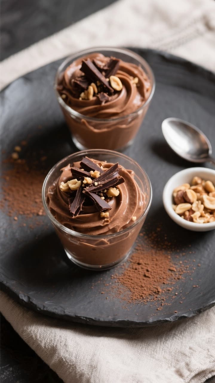 Final plated top view: Overhead shot of the finished keto chocolate peanut butter mousse spooned int