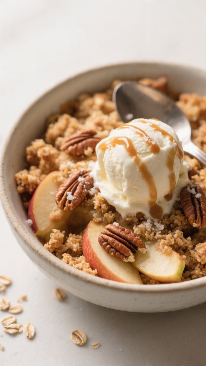 Final presentation, close-up detail: Tight close-up of a warm scoop of Air Fryer Apple Crumble in a 