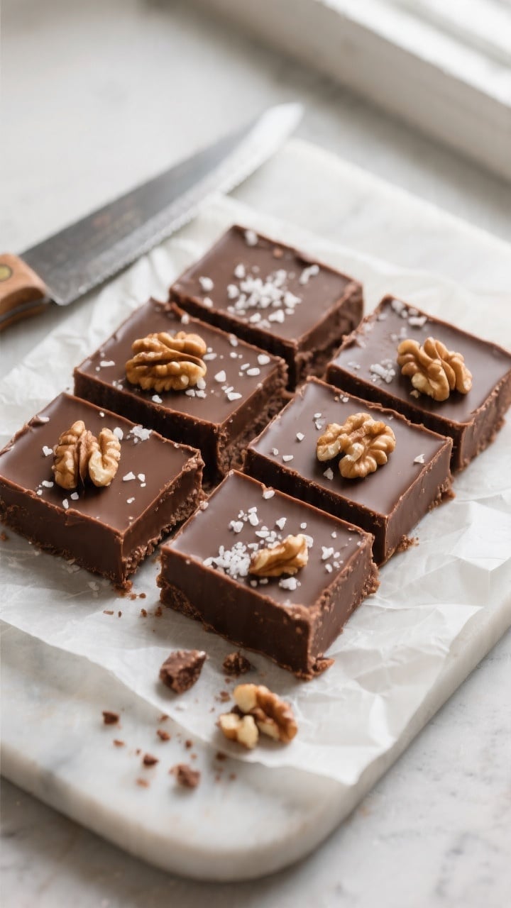 Final presentation overhead: Neat squares of 4-ingredient chocolate fudge cut cleanly and arranged i