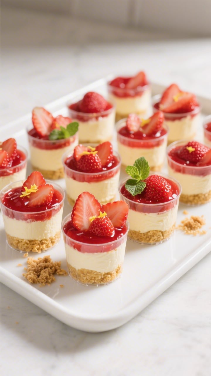 Final presentation overhead: Tasty of no-bake strawberry cheesecake cups lined up in a staggered gri