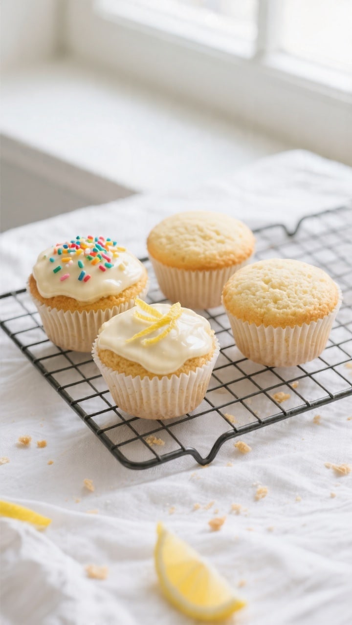 Final presentation overhead: Tasty top-down shot of unfrosted 4-ingredient vanilla cupcakes cooled o