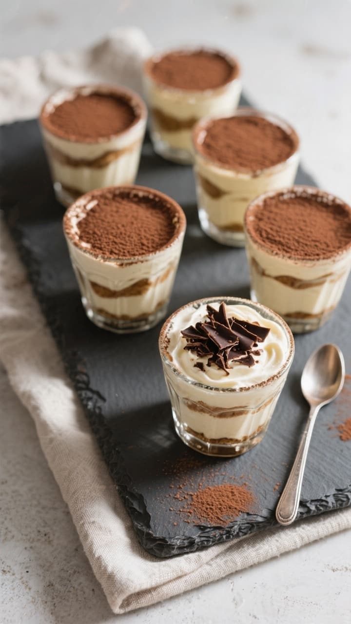 Final presentation, overhead top view: Individual no-bake 5-ingredient tiramisu cups set after chill
