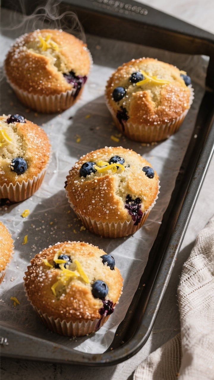 Overhead “bakery case” presentation of six jumbo blueberry muffins in a dark nonstick muffin tin