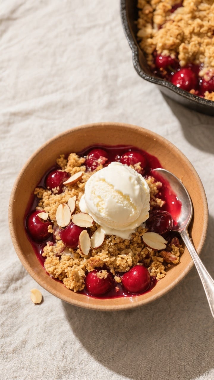 Overhead final presentation: a warm bowl of Cherry Almond Crumble spooned from the pan, topped with 