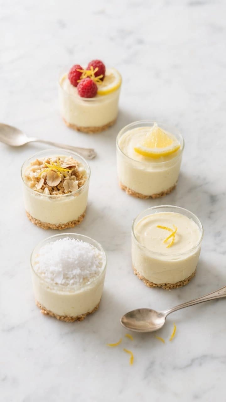 Overhead final presentation: Four small dessert glasses filled with the lemon keto mousse on a white