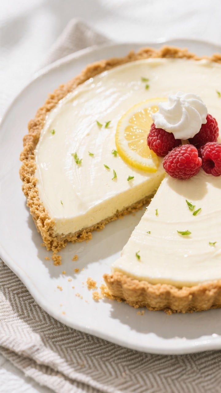 Overhead final presentation: fully chilled and sliced no-bake lemon pie in a graham cracker crust, o