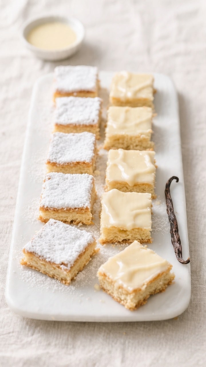 Overhead final presentation: Neat squares of soft vanilla traybake arranged on a white rectangular p