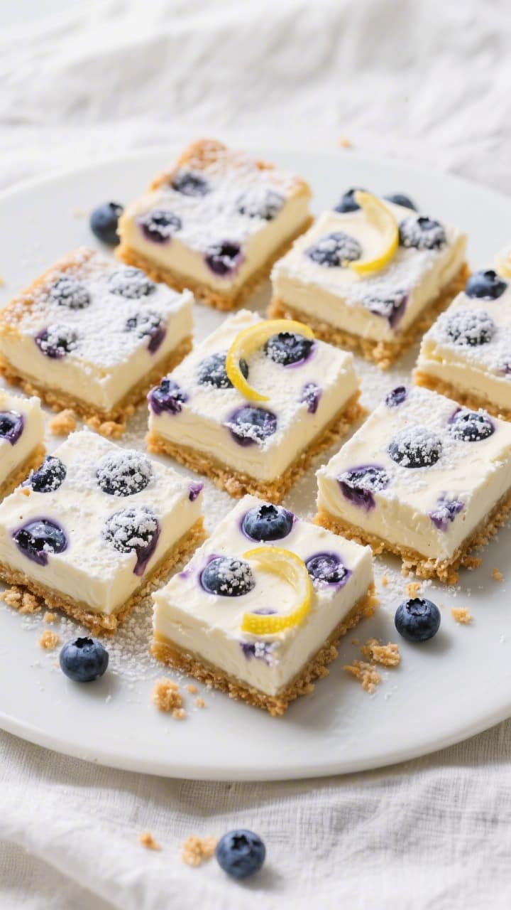 Overhead final presentation: neatly sliced Blueberry Cream Cheese Bars arranged on a matte white pla