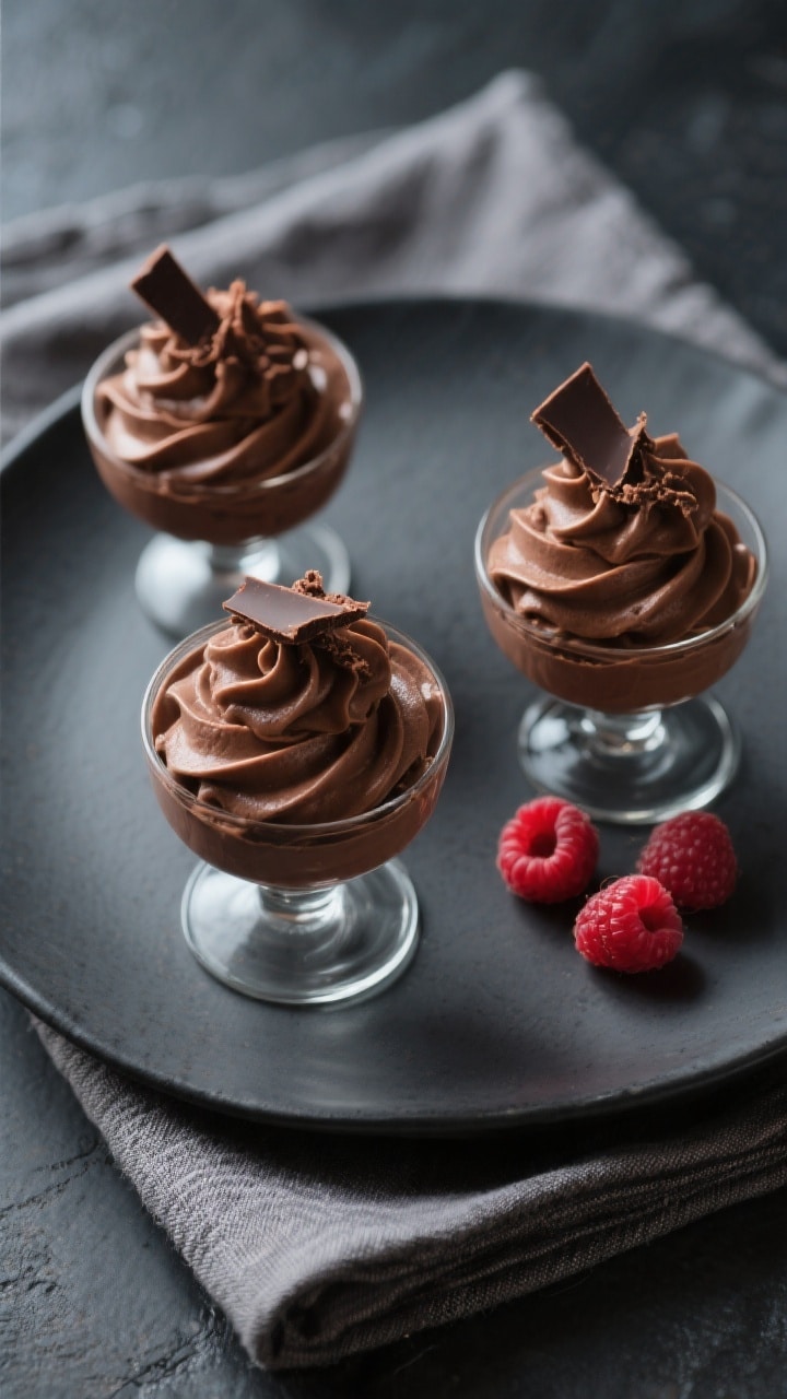 Overhead final presentation of 3-ingredient keto chocolate mousse piped into petite coupe glasses, t