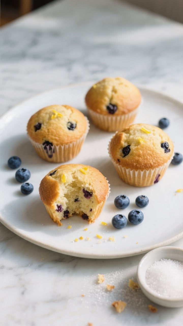 Overhead final presentation of a breakfast scene: three blueberry muffins on a matte white plate, on