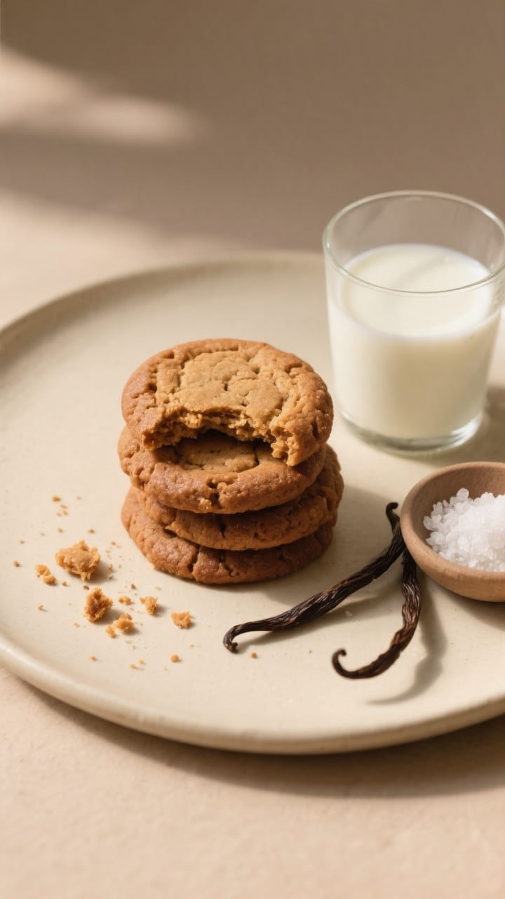 Overhead final presentation of a small stack of brown sugar cookies on a matte cream plate with a su
