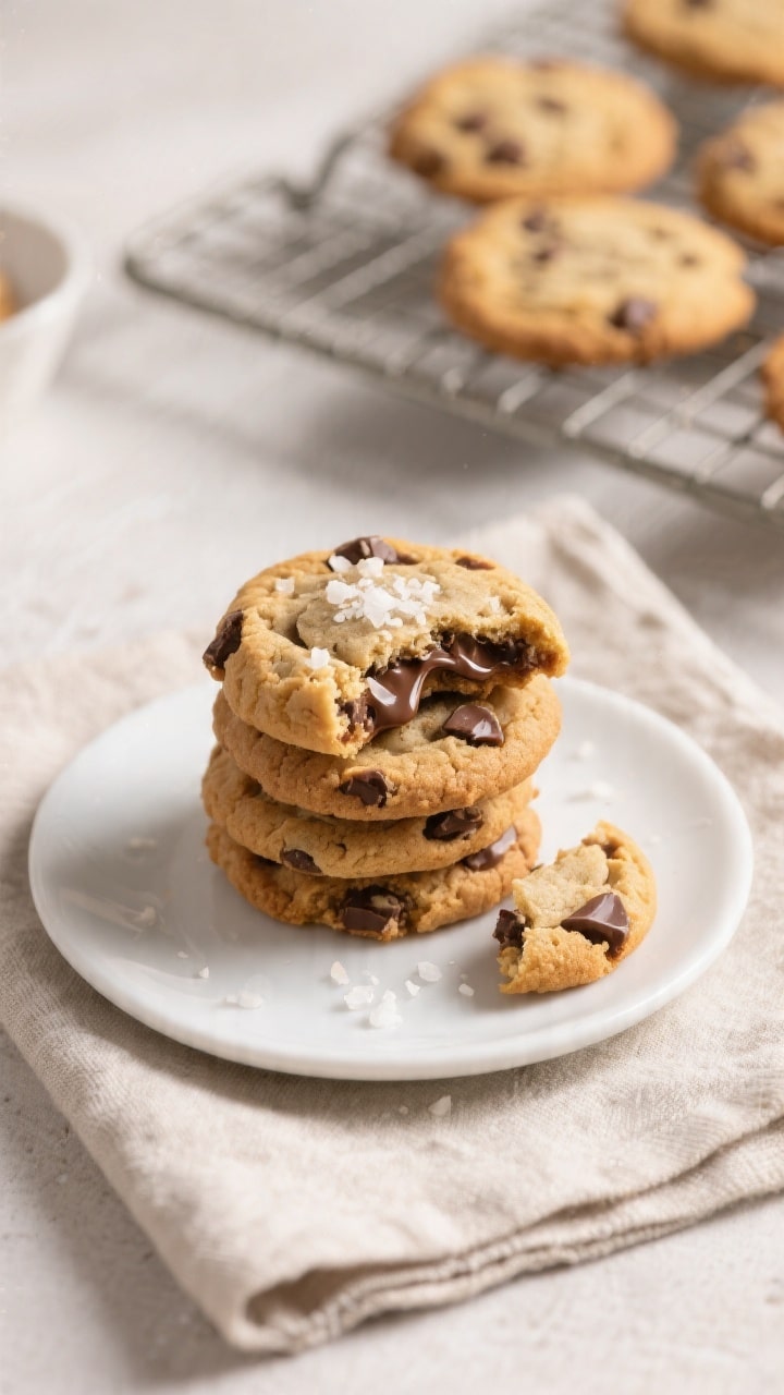 Overhead final presentation of a small stack of chewy chocolate chip cookies on a simple white ceram