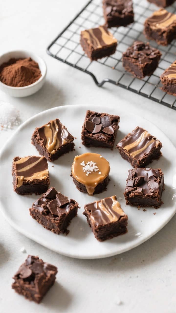 Overhead final presentation of assorted 4-ingredient brownie bites arranged on a white ceramic platt