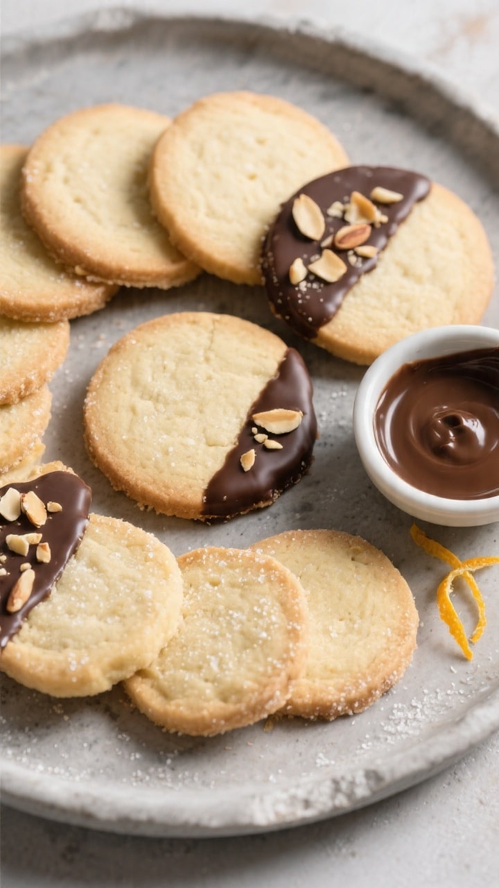 Overhead final presentation of assorted shortbread styles on a matte stone platter: classic rectangl