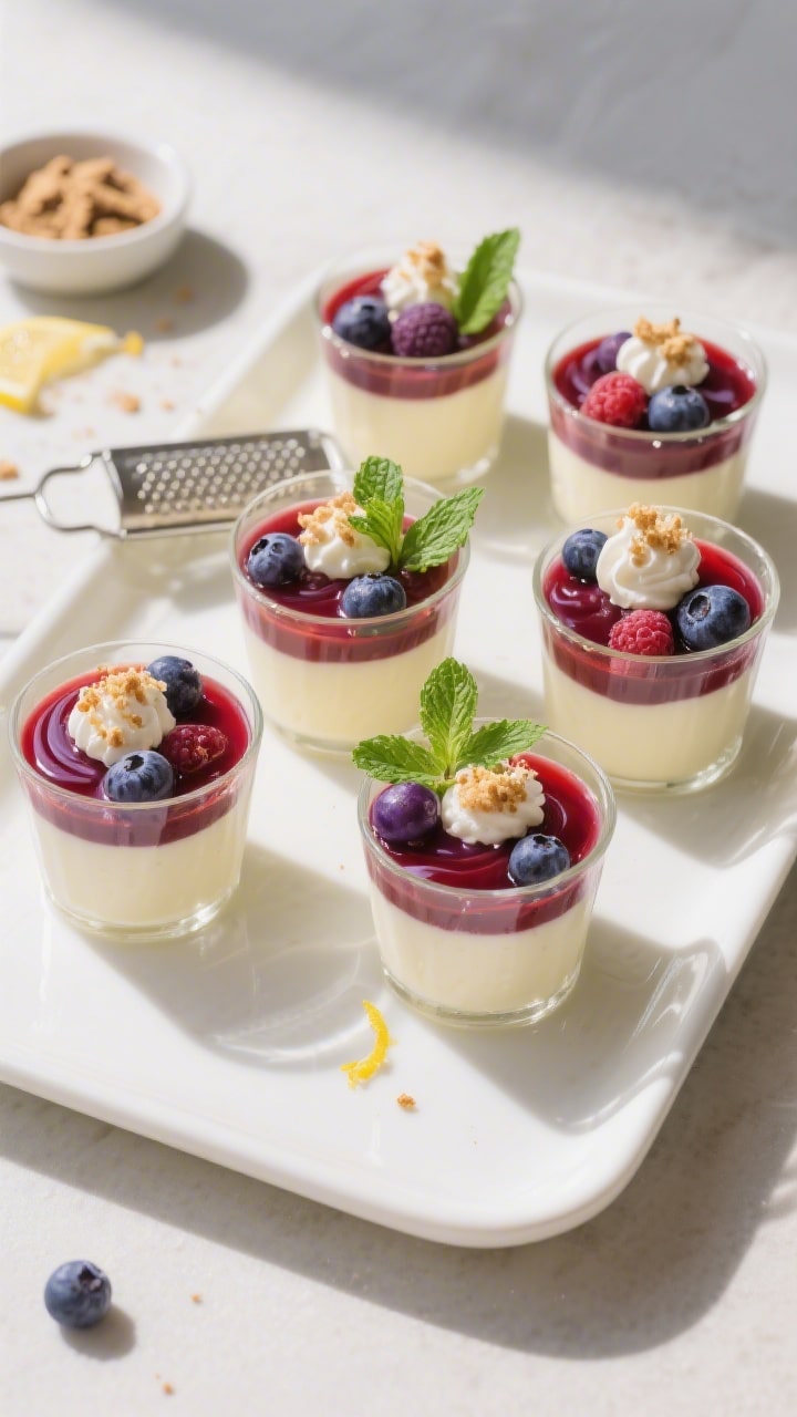 Overhead final presentation of Chilled Summer Berry Pudding Cups: 6 small glass cups arranged on a m