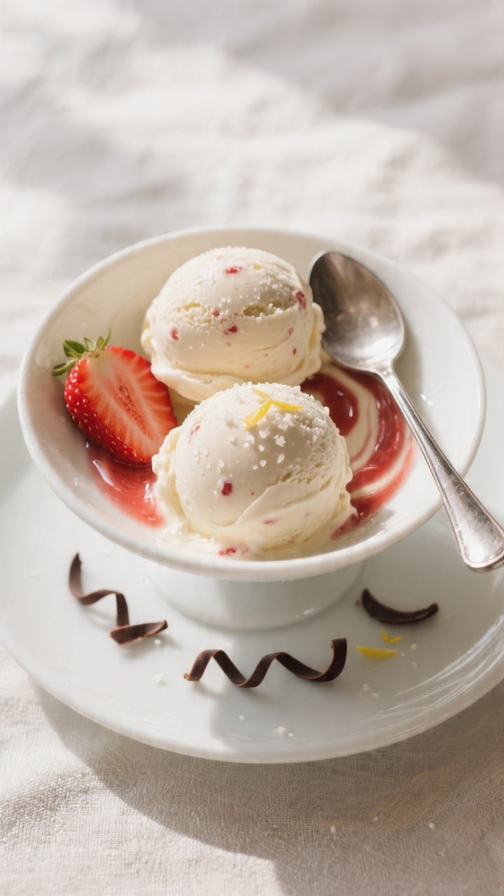 Overhead final presentation of scooped strawberry ice cream in a shallow white coupe bowl, two round