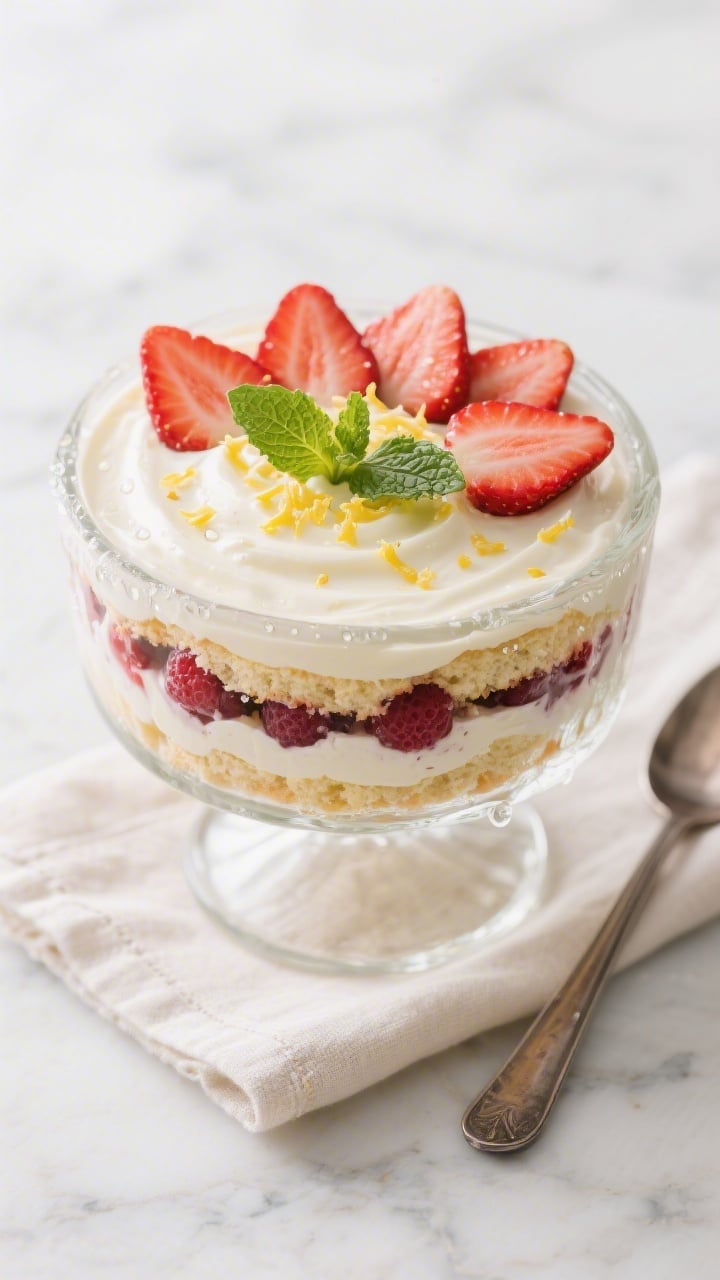 Overhead final presentation of Strawberry Shortcake Trifle in a clear glass bowl: distinct, repeatin