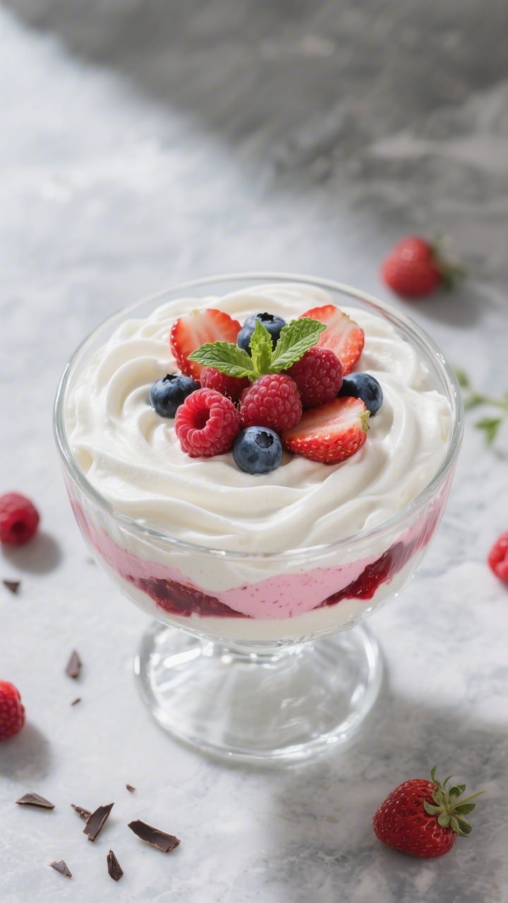 Overhead final presentation of the chilled trifle: top view of a smooth, cloud-like whipped cream fi