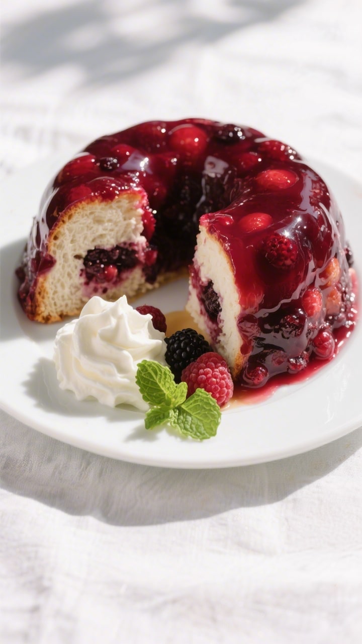 Overhead final presentation of the unmolded Traditional British Summer Pudding: a smooth, berry-stai