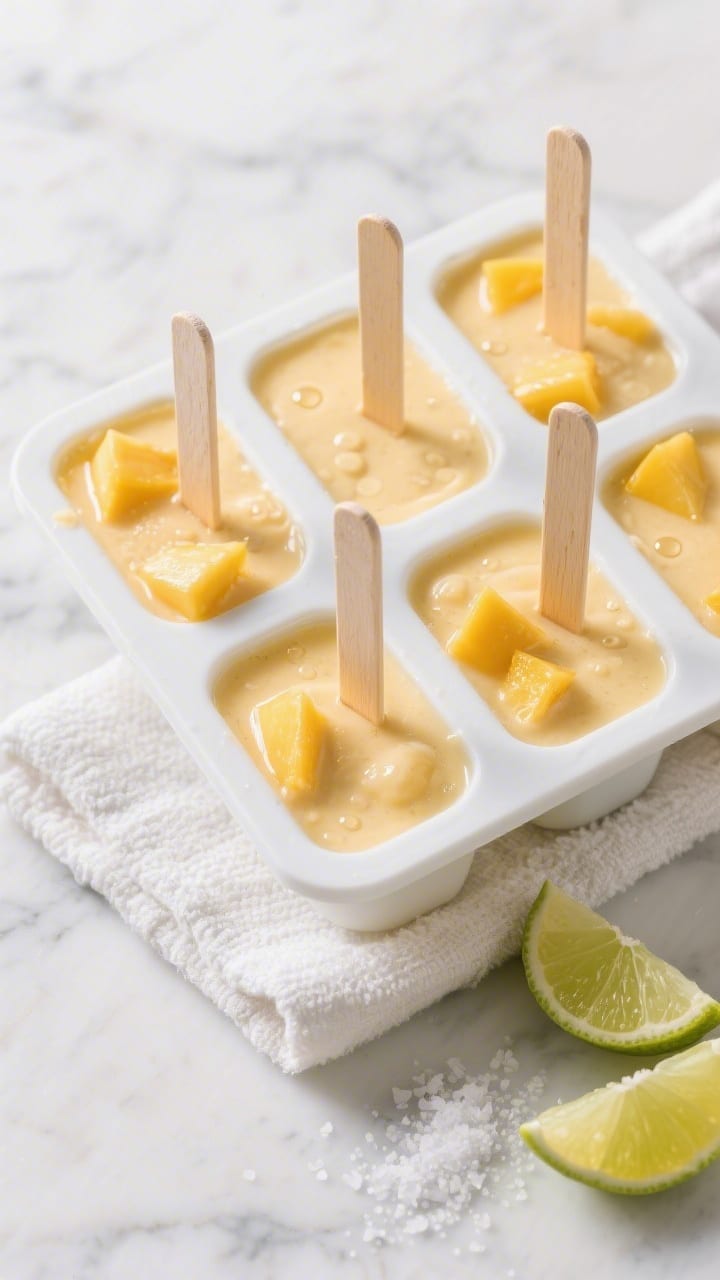 Overhead process shot of popsicle molds just filled with the blended mango-coconut mixture, showing 