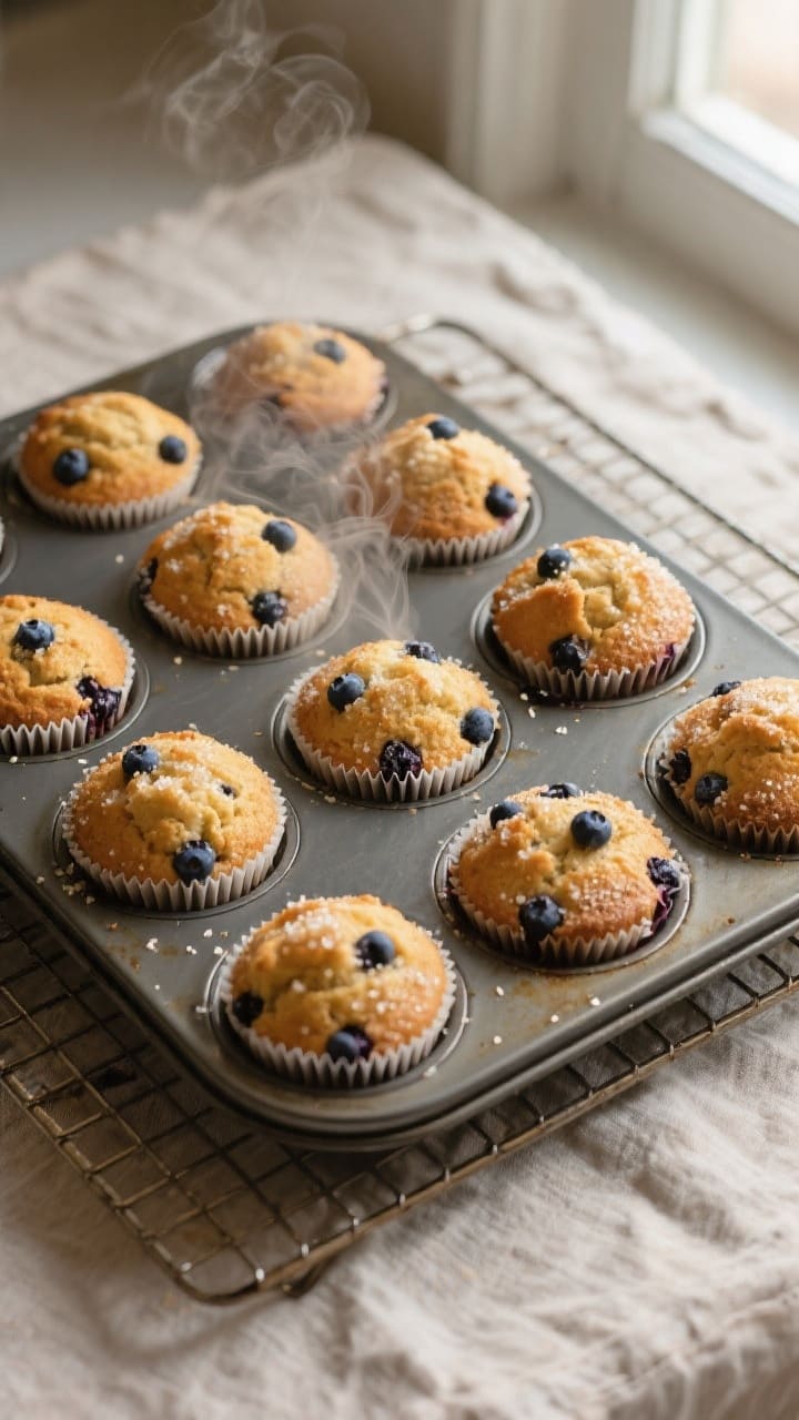 Overhead shot of a 12-cup muffin tin just out of the oven, filled with golden blueberry muffins with