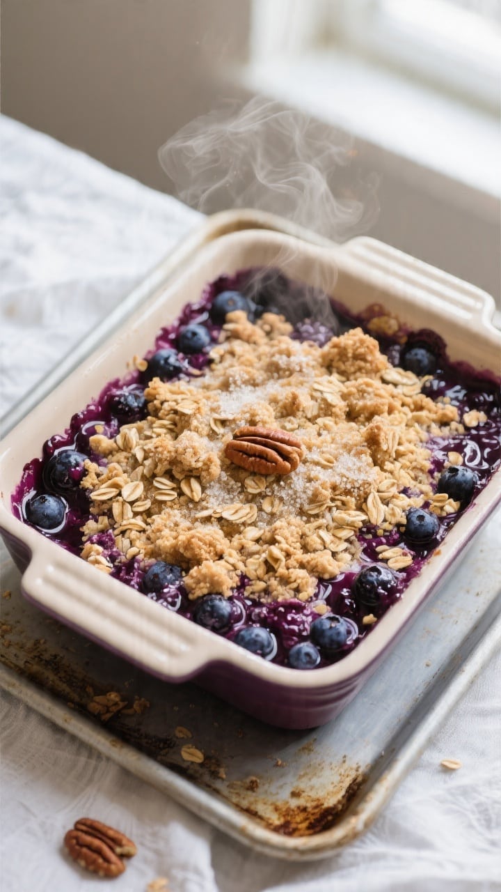Overhead shot of a bubbling Frozen Berry Crumble just out of the oven in a 9x9 ceramic baking dish s