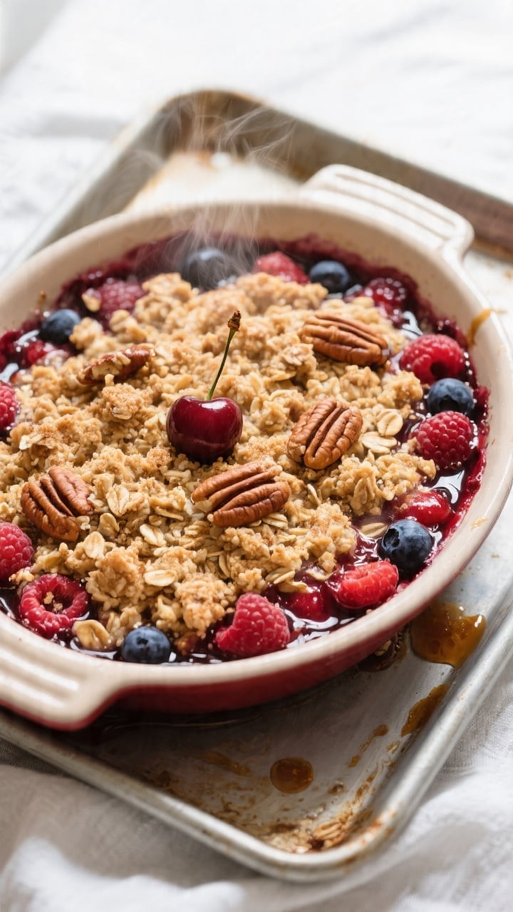 Overhead shot of a bubbling summer fruit crumble just out of the oven, golden oat-and-brown-sugar to
