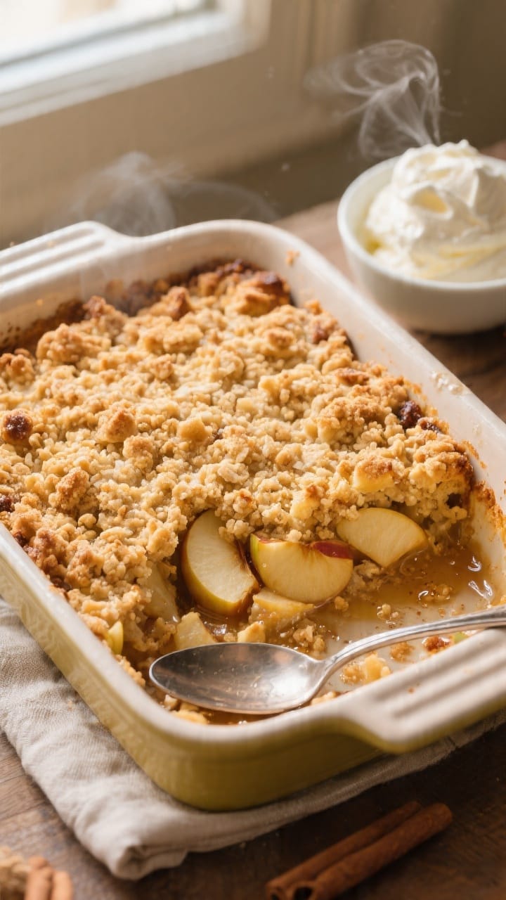 Overhead shot of a freshly baked 3-ingredient apple crumble (cake mix version) in a 9x9 ceramic baki