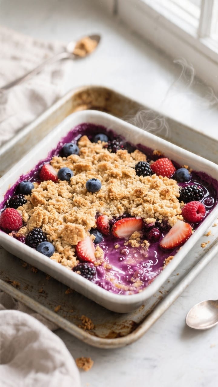 Overhead shot of a freshly baked 4-Ingredient Berry Crumble in a 9-inch square baking dish set on a 