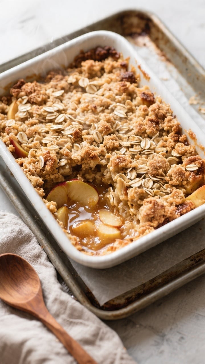 Overhead shot of a freshly baked apple crumble with oats in a 9-inch square baking dish on a lined s
