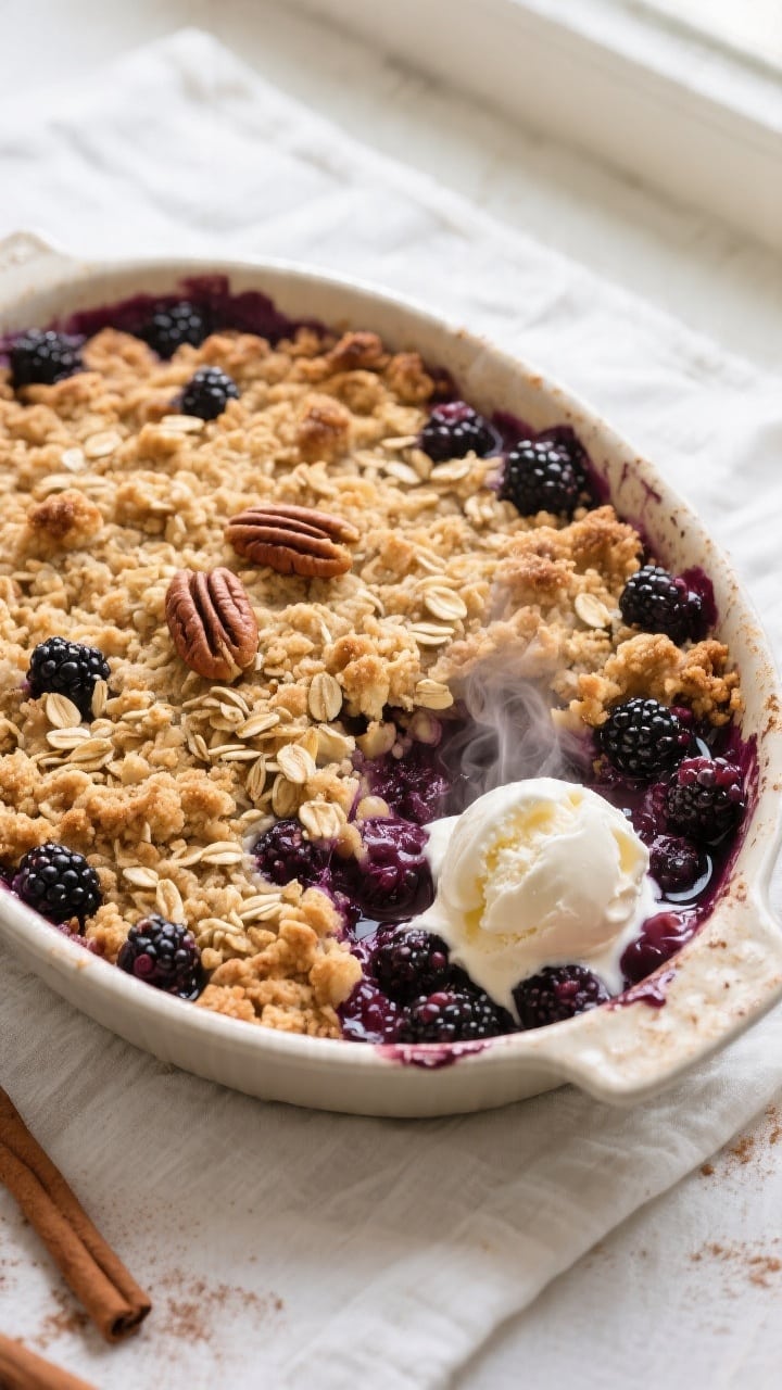 Overhead shot of a freshly baked blackberry and apple crumble in a 9-inch ceramic baking dish, golde