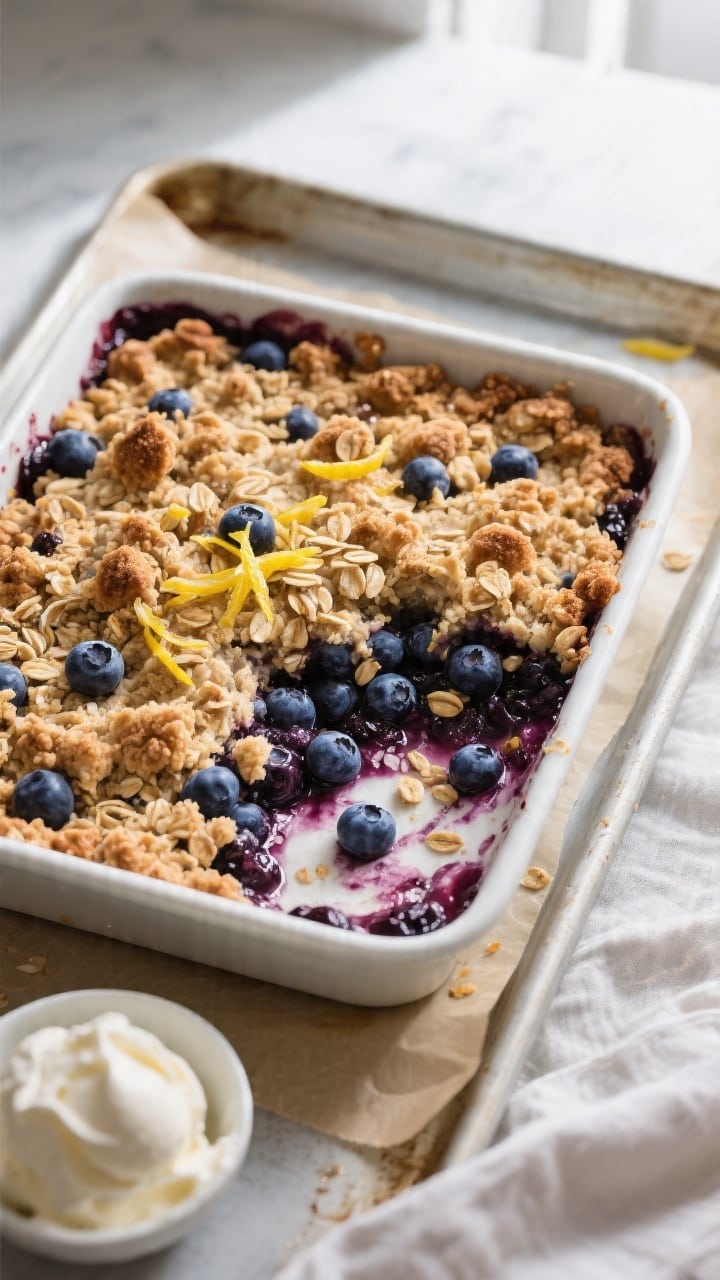 Overhead shot of a freshly baked Blueberry Crumble with Lemon Zest just out of the oven: bubbling in