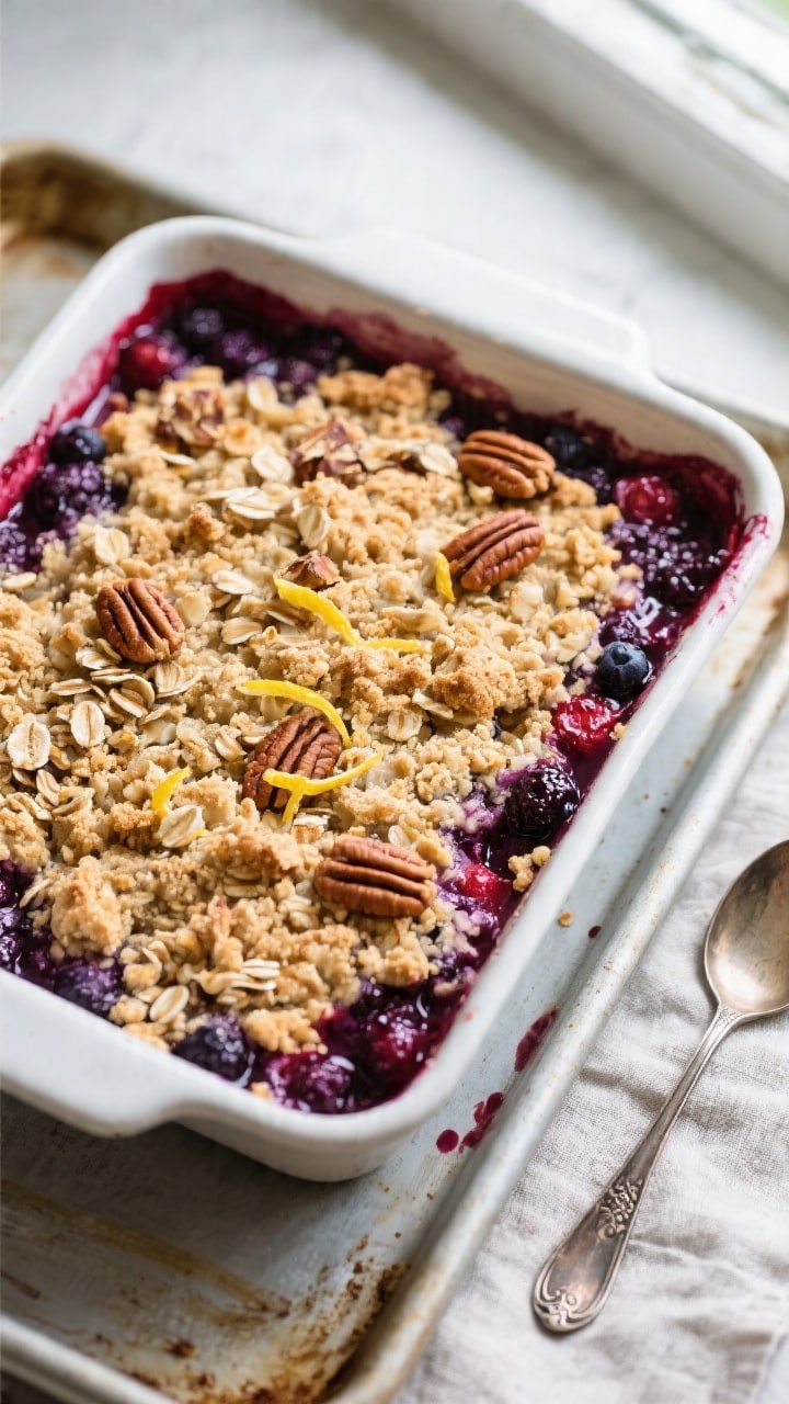 Overhead shot of a freshly baked Gluten Free Berry Crumble in a 9-inch square baking dish, topping d