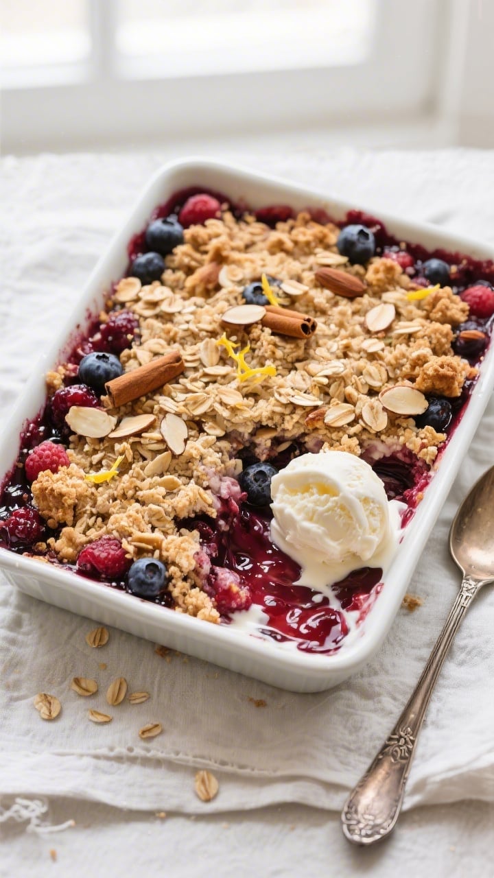 Overhead shot of a freshly baked gluten-free mixed berry crisp in a 9-inch square baking dish, berri