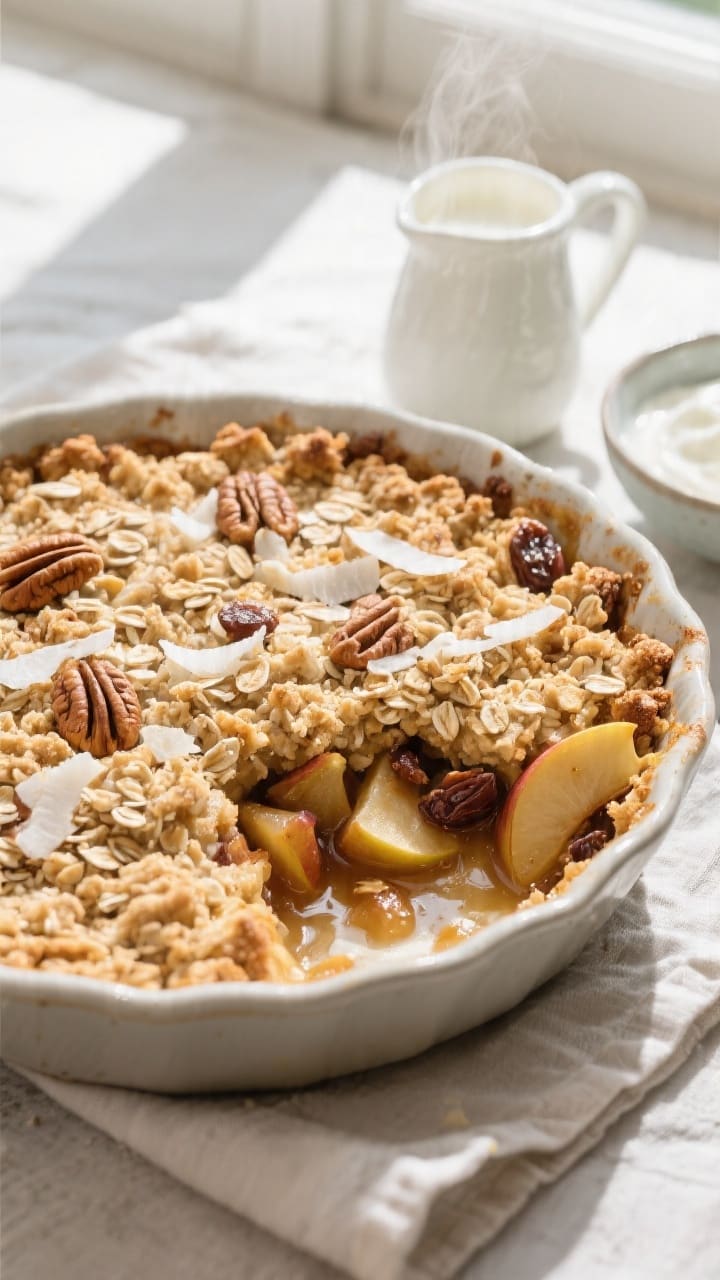 Overhead shot of a freshly baked Healthy Apple Crumble in a 9-inch ceramic baking dish, golden oat-a
