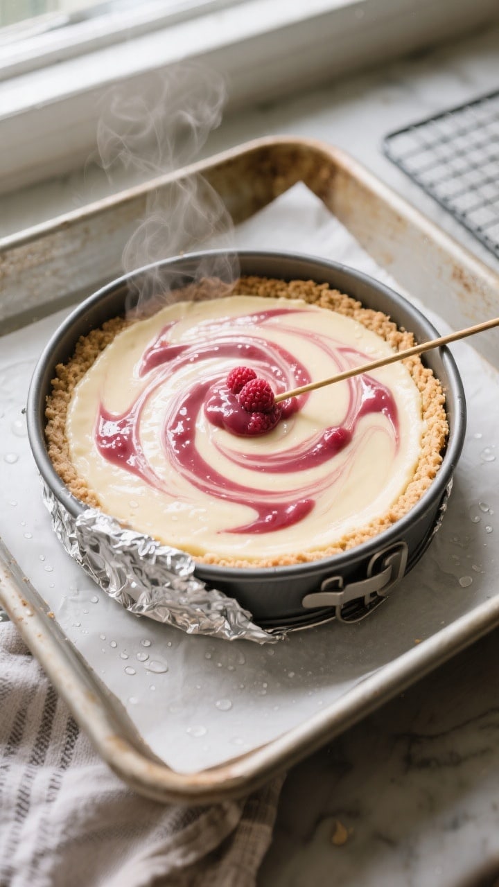 Overhead shot of a freshly baked keto cheesecake still in the springform pan, edges set with a gentl