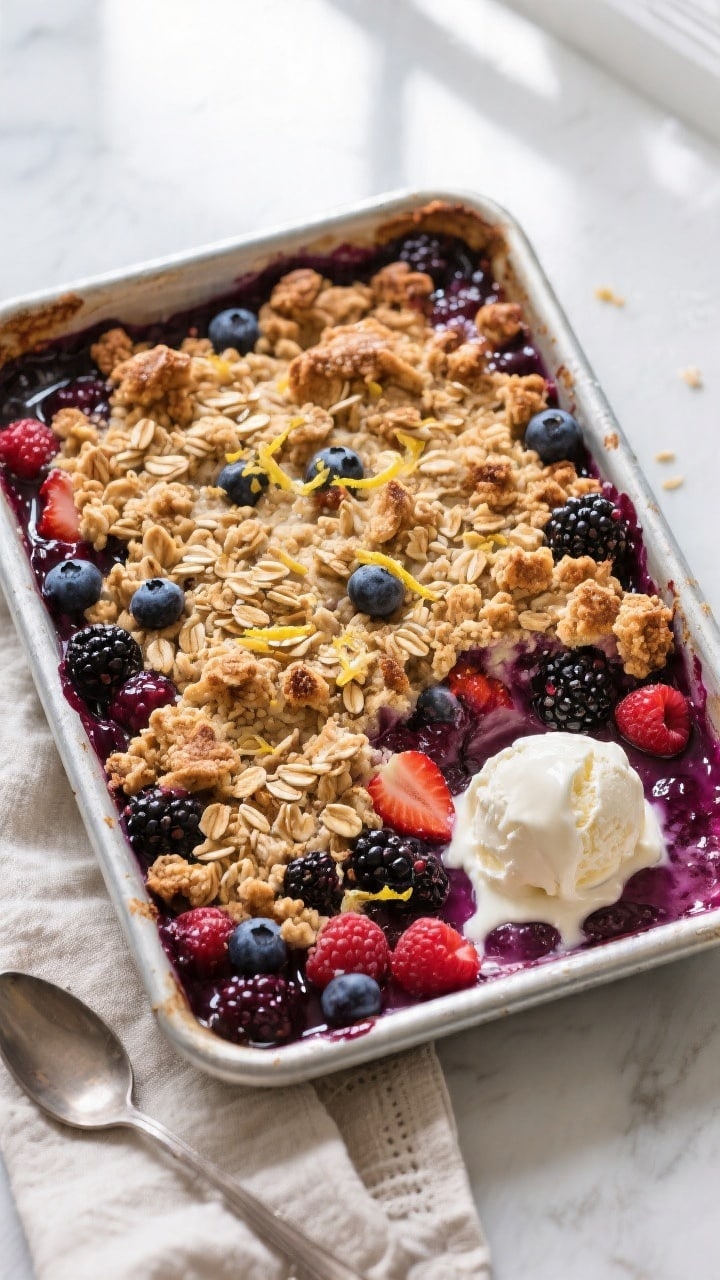 Overhead shot of a freshly baked mixed berry crumble in a 9x9-inch baking dish on a rimmed sheet pan