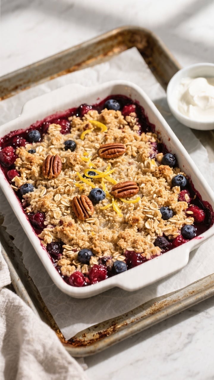 Overhead shot of a freshly baked mixed-berry fruit crumble in a 9-inch square baking dish on a sheet