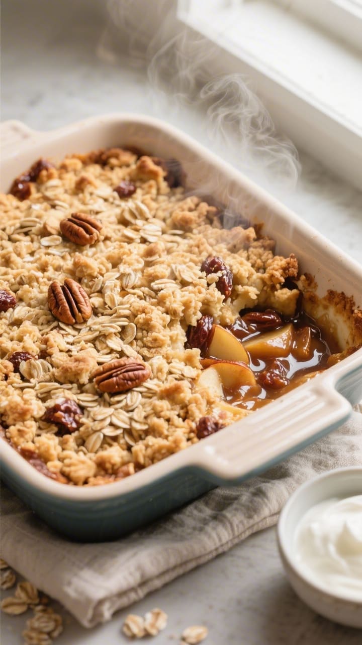 Overhead shot of a freshly baked Naturally Sweetened Apple Date Crumble just out of the oven in a 9x