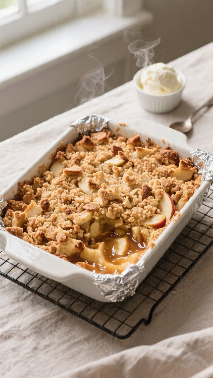 Overhead shot of a freshly baked No Oats Apple Crumble in a 9-inch square baking dish on a cooling r
