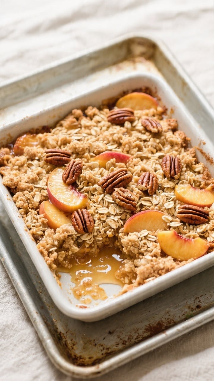 Overhead shot of a freshly baked peach crumble just out of the oven, golden-brown oat and cinnamon t