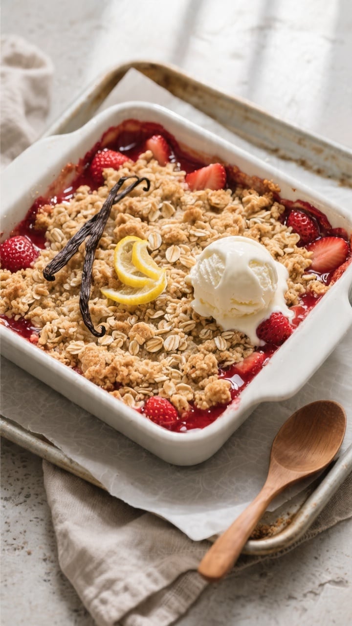 Overhead shot of a freshly baked Strawberry Crumble with Vanilla in a 9-inch square baking dish set 
