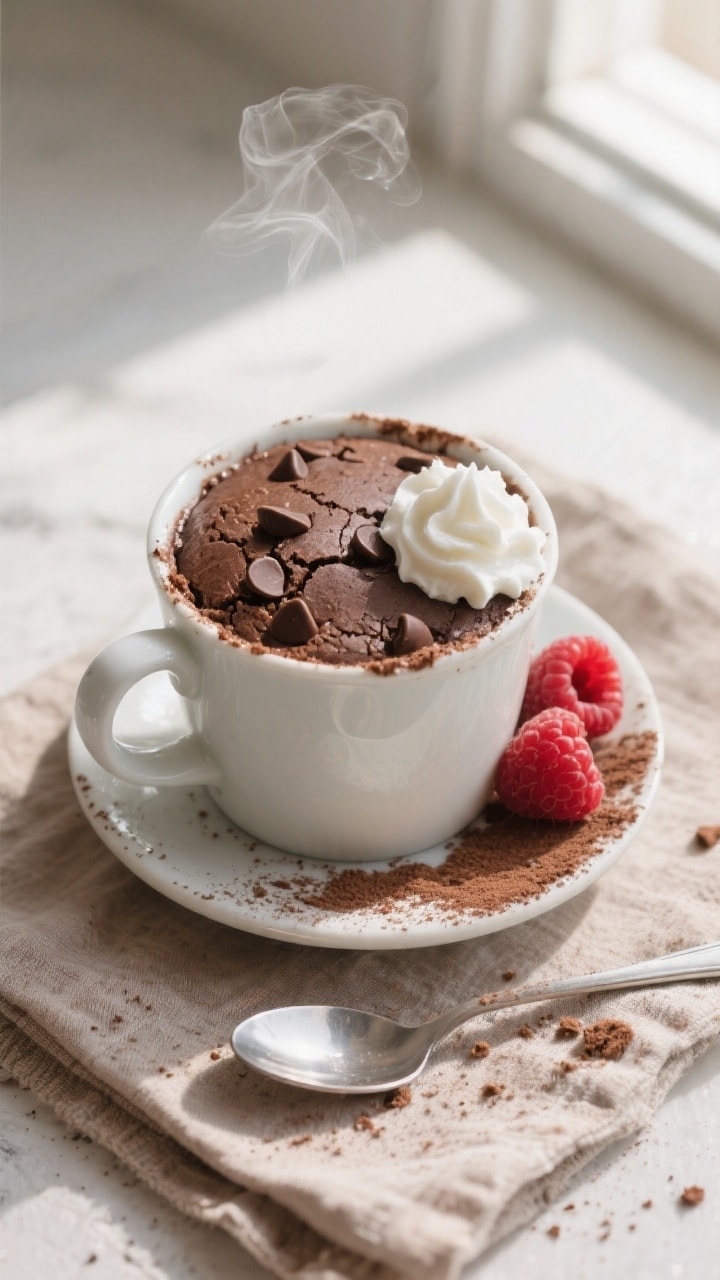 Overhead shot of a freshly microwaved Keto Chocolate Mug Cake still in the mug, center just set with