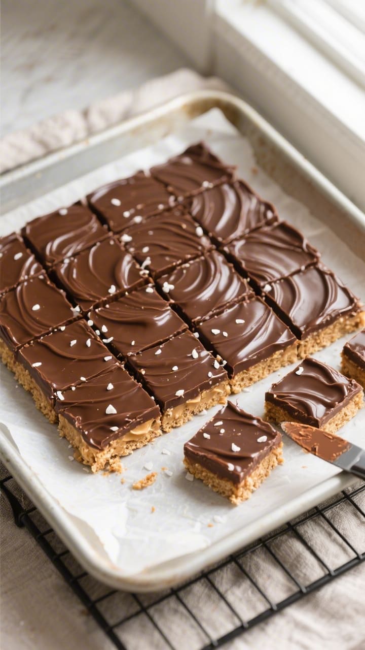 Overhead shot of a freshly sliced slab of No Bake Chocolate Peanut Butter Bars on parchment lifted f