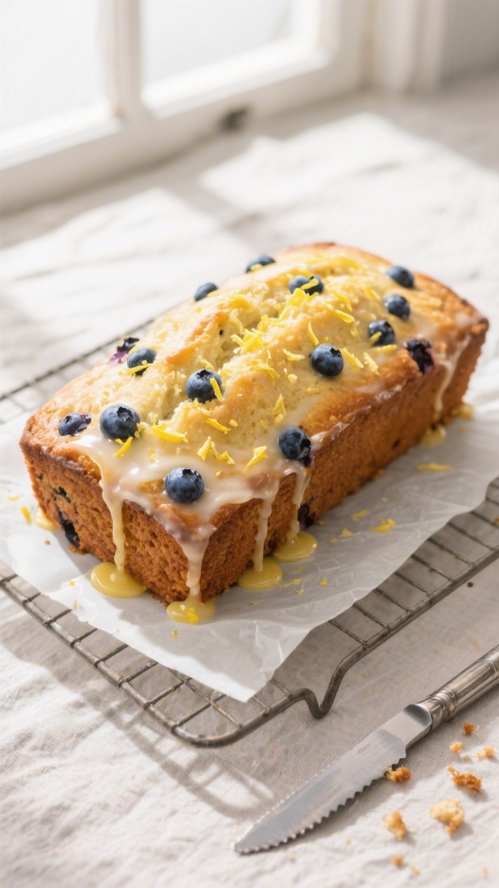 Overhead shot of a fully cooled Lemon Blueberry Picnic Loaf just after glazing: glossy lemon glaze d