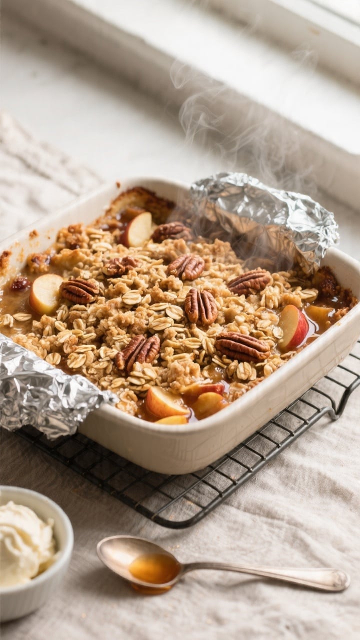 Overhead shot of a just-baked Vegan Apple Crumble in a 9x9-inch ceramic baking dish on a cooling rac